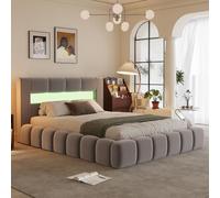 CONCEPTO FÁBRICA | Cama maletero de 180 x 200 cm, diseño nube Omaha con LED | Terciopelo gris | Cabecero Galbado con 16 colores y mando a distancia | Somier incluido | Gran baúl de almacenamiento |