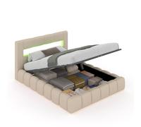 CONCEPTO FÁBRICA | Cama maletero de 2 plazas Omaha 140 x 190 cm | Diseño de nube con LED integrado | Revestimiento terciopelo beige | Somier de láminas incluido | Gran baúl de almacenamiento | Estilo
