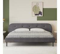 CONCEPTO FÁBRICA | Cama tapizada de 160 x 200 cm tapizada Tulsa gris | Cabecero redondeado, bolsillos laterales | Somier de láminas incluido | Tejido de poliéster | Patas de metal negro | Diseño