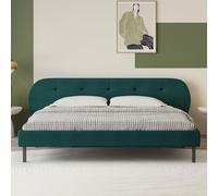 CONCEPTO FÁBRICA | Cama tapizada de 160 x 200 cm tapizada Tulsa verde | Cabecero redondeado, bolsillos laterales | Somier de láminas incluido | Tejido de poliéster | Patas de metal negro | Diseño