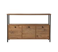 CONCEPTO FÁBRICA | Consola solis, 120 x 77 cm, madera de pino atlántico y metal negro, 3 armarios + 2 estantes abiertos | Diseño industrial compacto | Entrada, salón u oficina | Melamina resistente
