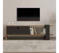 CONCEPTO FÁBRICA | Mueble TV 120 cm madera clara y gris antracita OVA | Diseño compacto y contemporáneo | 1 armario cerrado + 1 estante abierto | Ideal pequeño espacio | baja altura, montaje fácil