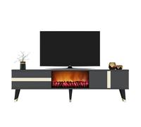 CONCEPTO FÁBRICA | Mueble TV 150 cm SUNY gris antracita con chimenea LED decorativa | Diseño gráfico con acabados dorados | 2 armarios | Pies altos 20 cm | Ambiente acogedor sin calefacción