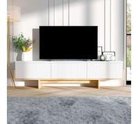 CONCEPTO FÁBRICA | Mueble TV 180 cm blanco ranurado WOPI | Patas efecto madera clara | Diseño contemporáneo escandinavo | 3 armarios cerrados | Estilo minimalista y gráfico | Almacenamiento elegante y