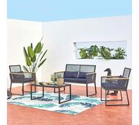 CONCEPTO FÁBRICA | Salón de jardín bajo 4 plazas | Diseño MIHATA Negro y Madera | Moderno y Elegante | 1 Mesa, 1 Sofá, 2 Sillones | Robusto y cómodo | Impermeable | Ideal para exteriores, terraza