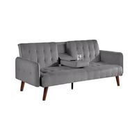 CONCEPTO FÁBRICA | Sofá de 3 plazas Convertible Gris Inverness | Terciopelo Glazado Suave y Brillante | Cama 161x97 cm | Tableta Central Plegable con Portavasos | Pies Madera | Diseño Chic Práctico