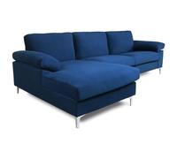 CONCEPTO FÁBRICA | Sofá esquinero de terciopelo de 4-5 plazas | Diseño Galway Azul | Ancho 262 cm | Ángulo izquierdo | Comodidad Ultra Lujoso | Estructura de madera robusta | Patas de metal | Estilo