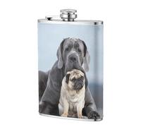 Conceptos de amistad entre perros Cane Corso y Pug,Frasco de acero inoxidable 304 de 8 oz con funda de cuero sintético, frasco de bolsillo para licor plano para exteriores