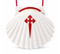 Concha de peregrinación para el Camino de Santiago (muy poco veteada) - Concha natural de Galicia con cordón rojo con diseño de Cruz de Santiago de 10 a 11 cm para mochila y bastón de peregrino o