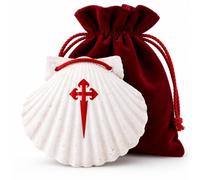 Concha del Peregrino Camino de Santiago - Vieira Natural con Cruz de Santiago y cordón Rojo, Accesorio para Mochila y Regalo para peregrinos, Aprox. 10-11 cm, con Bolsa Burdeos