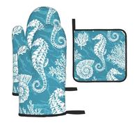 Conchas Marinas, Caballito de mar, Coral, Guantes de Cocina Resistentes al Calor, Manoplas y agarraderas (Juego de 3 Piezas)