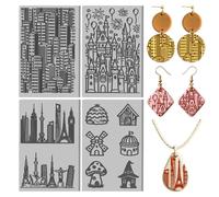 CONCHLERY 4 hojas de arcilla de arquitectura urbana con textura de edificios famosos del mundo, hojas de textura de arcilla polimérica, herramientas de bricolaje para cerámica, aretes, joyería