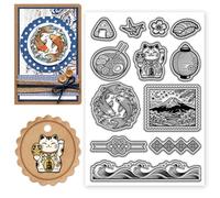 CONCHLERY Sellos transparentes de estilo japonés, patrón de icono oriental, patrón de borde ondulado, sello de silicona para álbumes de recortes y tarjetas, decoración de manualidades de papel, 6.3 x