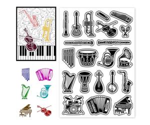 CONCHLERY Sellos transparentes de silicona para instrumentos musicales, patrón de guía ilustrada, sello de silicona para álbumes de recortes y tarjetas, decoración de manualidades de papel, 6.3 x 4.3