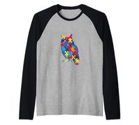 Conciencia sobre el autismo Rompecabezas vibrante minimalista búho granja de mascotas Camiseta Manga Raglan