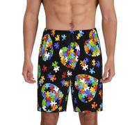 Concientización sobre el autismo, piezas de rompecabezas con estampado de corazón, pantalones cortos de pijama para hombre, ropa de dormir transpirable, ligera, casual, cómoda, ropa de dormir, Negro