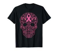 Concientización sobre el cáncer de mama Calavera Sugar Skull Pink Ribbon Camiseta