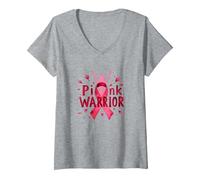 Concientización sobre el cáncer de Mama Pink Warrior Empoderando a Las Mujeres Camiseta Cuello V, Mujer, Gris Jaspeado, M