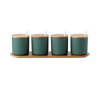 Condiment Contenedor Condujano Caja Conjunto Cerámica Condimento botes Potes con cucharada de bambú Tapa y base - Grandes ideas regalos(Groen,4 cans)