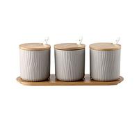 Condiment Contenedor Condujano Caja Conjunto Cerámica Condimento botes Potes con cucharada de bambú Tapa y base - Grandes ideas regalos(Gray,3 cans)