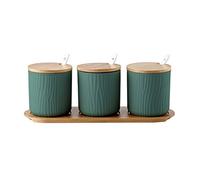 Condiment Contenedor Condujano Caja Conjunto Cerámica Condimento botes Potes con cucharada de bambú Tapa y base - Grandes ideas regalos(Groen,3 cans)