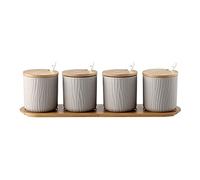 Condiment Contenedor Condujano Caja Conjunto Cerámica Condimento botes Potes con cucharada de bambú Tapa y base - Grandes ideas regalos(Gray,4 cans)