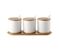 Condiment Contenedor Condujano Caja Conjunto Cerámica Condimento botes Potes con cucharada de bambú Tapa y base - Grandes ideas regalos(Wit,3 cans)
