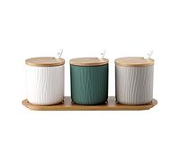 Condiment Contenedor Condujano Caja Conjunto Cerámica Condimento botes Potes con cucharada de bambú Tapa y base - Grandes ideas regalos(Multi-colored,3 cans)