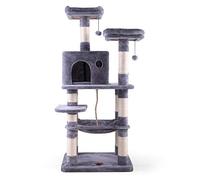 Condominio para gatos de varios niveles con hamaca y postes rascadores para gatitos, soporte alto de escalada para gatos con juguetes de peluche, color gris claro