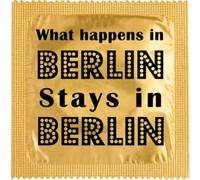 Condón humorístico - Modelo Alemania - Látex fino y resistente - Estampado en Francia - Capote divertido para hombre (WHAT HAPPENS IN BERLIN STAYS IN BERLIN GOLD)