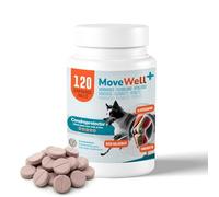 Condroprotector MoveWell+ 120 comprimidos perros, reforzado con MSM antiinflamatorio natural, colágeno, hialurón y omega 3. Alta palatabilidad sabor a salmón. Mejora movilidad y fortalece los huesos