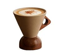 Cone Mug - Retro Ceramic Drinkware, Tea Cup with Wooden Handle and Base, Stylish Beverage Accessory for Tea Coffee Milk Water, Perfect for Cafe Kitchen Restaurant Home Dining Use