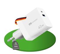 conecto Cargador USB-C, 2 Puertos, 1x USB-C 45 vatios máx. PD, 1x USB A 12 vatios máx., Cargador rápido GAN, Blanco