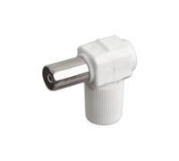 Conector acodado para TV hembra 9,5 mm, ideal para conexiones de antena, optimiza el espacio y mejora la señal de TV.