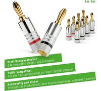 conecto conectores banana professional, para todos los cables de altavoz con un diámetro máximo de 6 mm², 8 piezas con anillo de color alrededor, rojo/negro, conectores en oro, plata