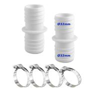 Conector de Manguera de 32 mm - Juego Con 4 Abrazaderas de Acero Inoxidable, Color Blanco - Adaptador Doble Para Piscina (2 Unidades)