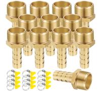 Conector de Manguera de Latón, 12 Piezas de 10 mm con Púas x 1/2" Macho Adaptador de Tubo Roscado, Accesorios de Púas de Manguera de Latón con Abrazaderas para Agua, Gas, Aire
