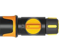 Fiskars Conector de manguera, Tamaño universal, Ø 9 mm (3/8"), Puntos de contacto SoftGrip, 60 g, Negro/Naranja/Amarillo, On/Off, 1027085