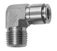 Conector en L, R 1/4 A, para manguera de diámetro exterior de 6 mm, presión de trabajo máx. 20 bares, acero inoxidable 1.4404.