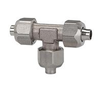 Conector en T, para manguera de 8/6 mm, SW1 14, SW2 10, rango de presión máx. 25 bar, temperatura de -40 °C a 200 °C, acero inoxidable 1.4404.