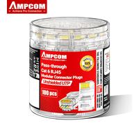 Conector Modular AMPCOM RJ45 Pass-Thru CAT6 para Cable 23-26 AWG UTP chapado en oro 8P8C extremo de engarzado para Cable Ethernet 100 Uds CAT6 UTP 100PCS