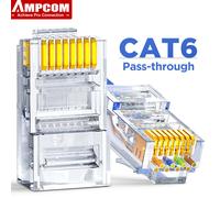 Conector Modular RJ45 AMPCOM, Conectores de Red CAT5E CAT6 de Pasante UTP 3/50μ Chapados en Oro 8P8C con Extremo de Crimpado para Cable Ethernet CAT5E 50U
