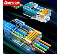 Conector RJ45 AMPCOM, Chapado en Oro 50U, CAT7 CAT6 CAT5E, Conector Modular de Pasaje, Extremo de Crimpado 8P8C para Cable Sólido y Trenzado Ethernet CAT5E EZ UTP