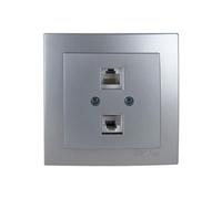 Conector RJ45 Cat 6 empotrable, plata, serie 8000, ideal para instalaciones de red en hogares y oficinas.