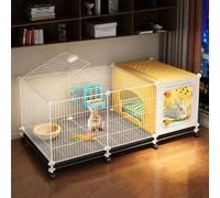 Conejera de interior con área de salón cerrada, casa de animales pequeños con bandejas deslizantes y ruedas universales para una vida cómoda