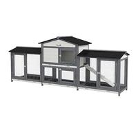 Conejera de madera PawHut 230x53x93,5 cm con recinto libre, rampa, 2 pisos, conejera para animales pequeños con 2 entradas con cerradura, bandeja de suelo para conejos enanos, cobayas Gris claro