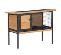 Conejera elevada para conejos, 91,5 x 45 x 70 cm, techo corredizo rústico, diseño exterior de madera natural 21_0007913