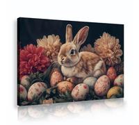 Conejito mono con flores Huevos Grabados en lienzo Arte festivo en la pared primaveral Pósters flores rosas Fotos Decoración del hogar para la entrada Habitación del bebé Marco interior 30x42cm