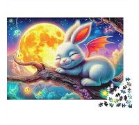 Conejitos Durmiendo Puzzle Decoración Hogar 1000 Piezas Adultos Conejito Alas Luna Estrellas Premium Grueso Vibrante Desafiante Alivio Estrés 38x26cm