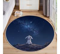 Conejo Contemplando Las Estrellas Alfombras Redondas Para Sala De Estar, Animal De Dibujos Animados De Ensueño Alfombra Redonda De 120cm, Azul Oscuro Alfombra De área Redonda Para Sofá Mesa De Café